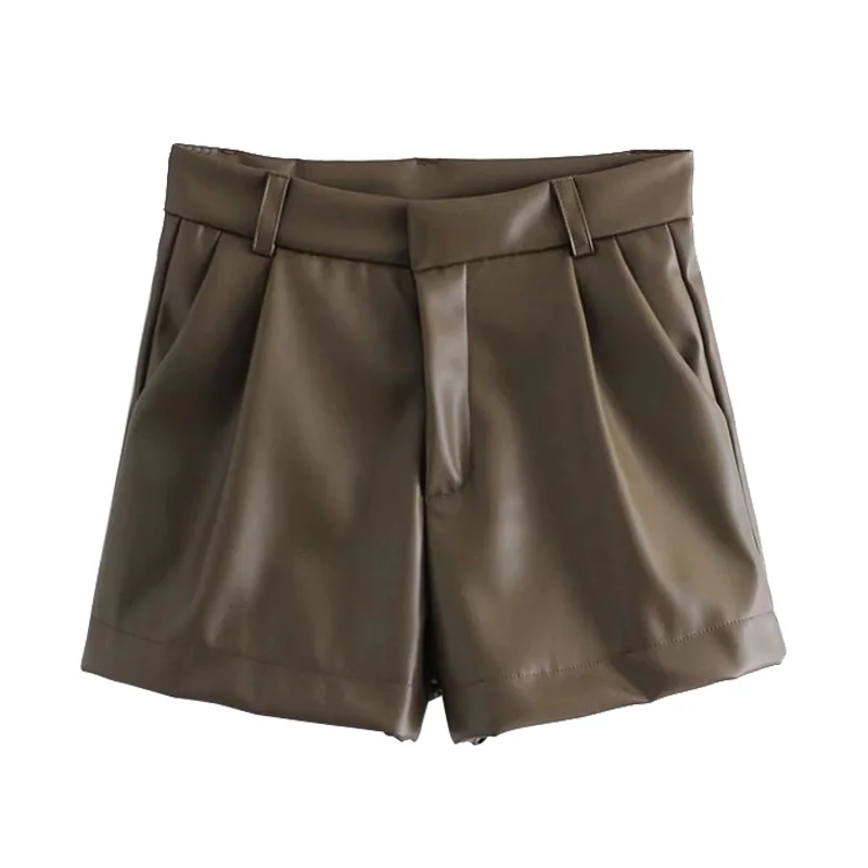 TRAF Women Chic Fashion Side Pockets Faux Leather Shorts Vintage High Waist Zipper Fly Female Short Pants Mujer Casual Shorts