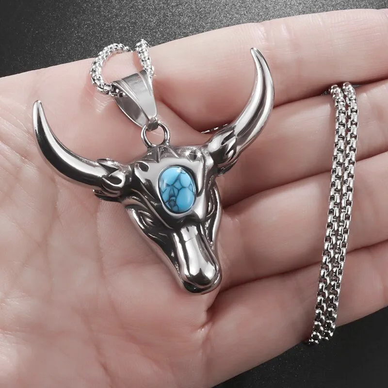 

Personality Domineering Animal Bull Head Inlaid Blue Stone Pendant Men's Necklace Punk Rock Motorcycle Rider Jewelry Gift