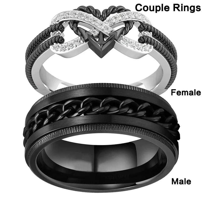 

New Cross Black and White Crystal Zircon Couple Rings Popular Women's Love Chain Hip-hop Finger Jewelry Gifts Accessories