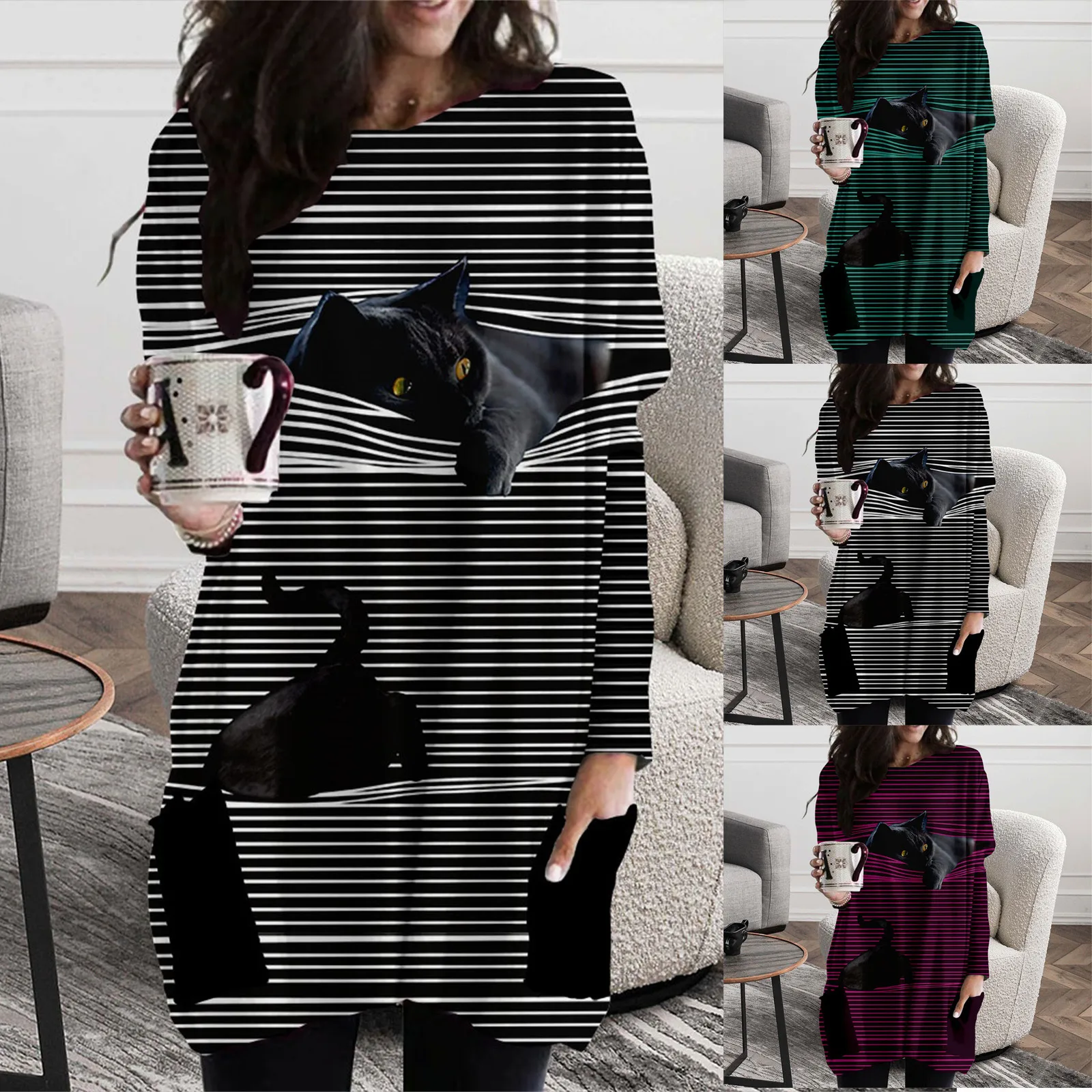 

Платье женское с длинным рукавом, V-образным вырезом и карманом