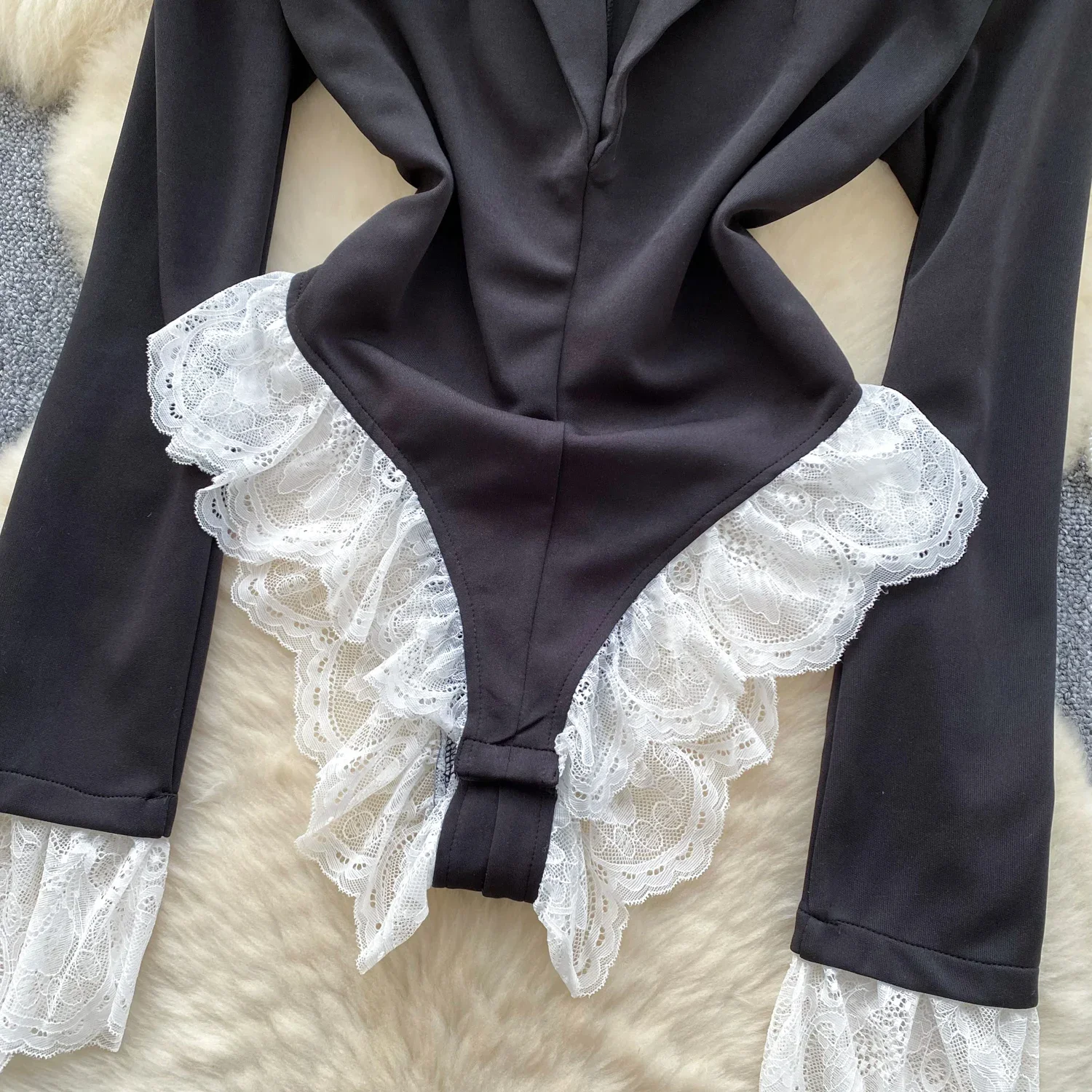 Фото Hotsweet элегантный отложной воротник с длинными рукавами, шикарные кружевные боди, тонкий топ, корейский сексуальный уличный осенний комбинезон №5