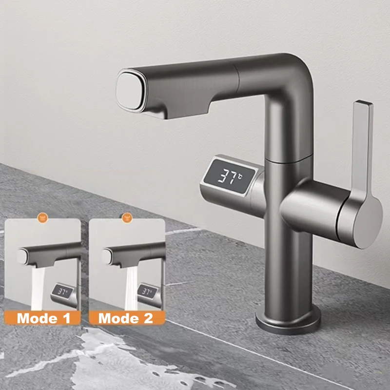 

LCD Digital Display Bathroom Basin Faucet Pull out Basin Tap Hot Cold Bathroom Kitchen Faucet Brass Deck Mount Sink Mixer Tap