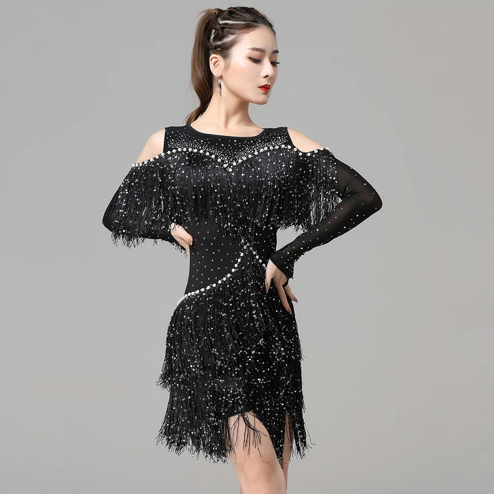 

Sexy One-Piece Latin Dance Dresses Off Shoulder Samba Sling Stretchy Dress Long Sleeves Fringes Competition Costume