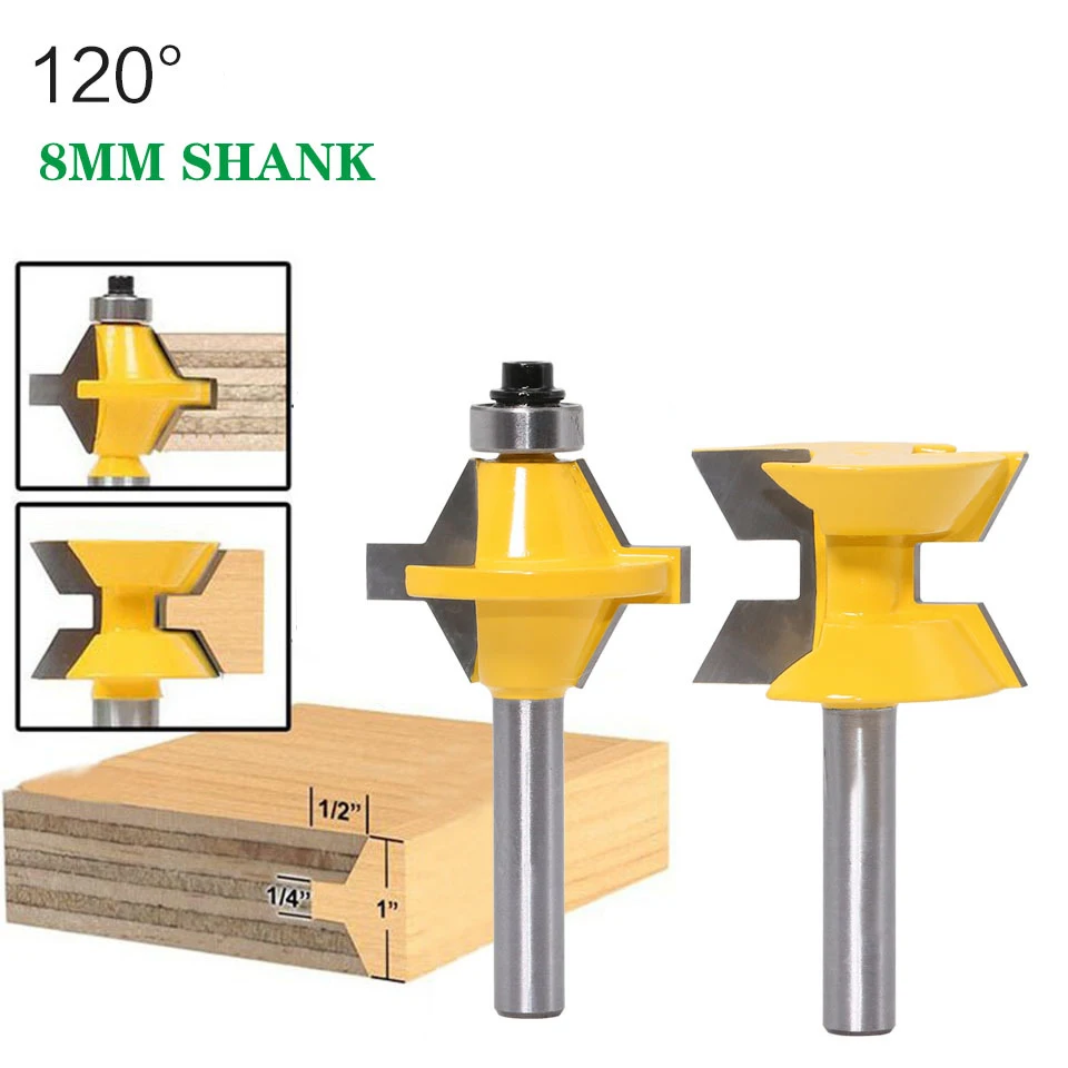 

8mm Shank 120-Degree Wedge Tongue and Groove Router Bits with Top Bearing
