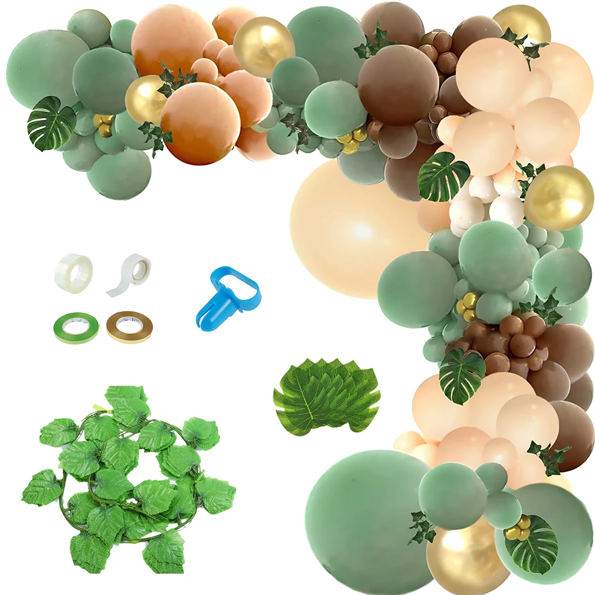 

Balloon Arch Kit 142pcs Reusable Balloon Garland Arch Set with Leaves Multiple Sized Green Dark Brown White Khaki and Gold Latex