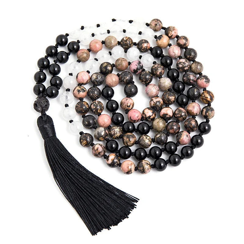 

8mm Rhodolite Black Onyx White Jade 108 Mala Beaded Necklace Meditation Yoga Jewelry Japamala Rosary Beads For Women