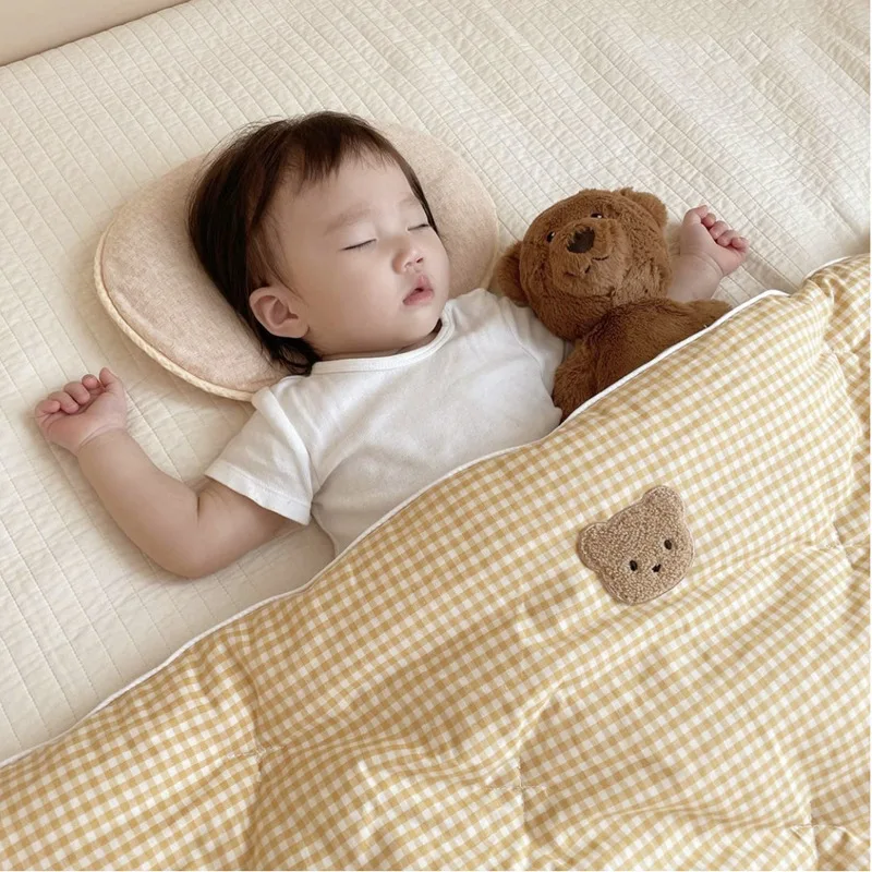 Детское одеяло из чистого хлопка, толстое мягкое удобное детское одеяло, милый медведь, клетчатый узор, зимнее теплое одеяло для новорожден...