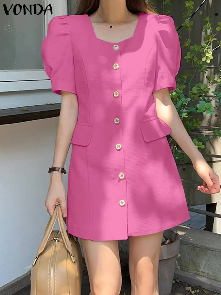 

Women Office Dress 2023 Women A-Line Lady Office Elegant Mini Dress Casual Short Square Sleeve Sundress Loose Robe Vestidos