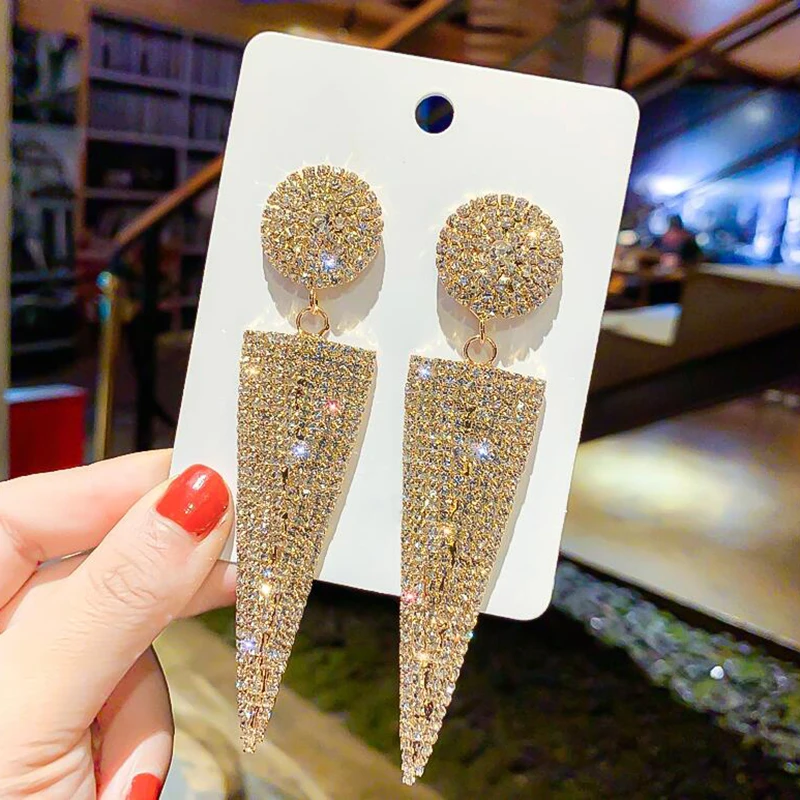 

Свадебные украшения, большие серьги для женщин, геометрические Треугольные металлические висячие серьги с кристаллами, модные вечерние се...