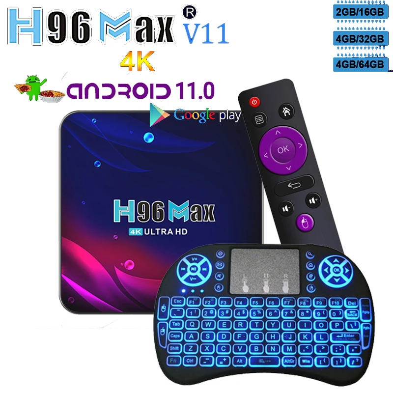 

Приставка Смарт-ТВ H96 Max V11, Android 11, 4 + 32/64 ГБ, 4K, 2,4G, Wi-Fi