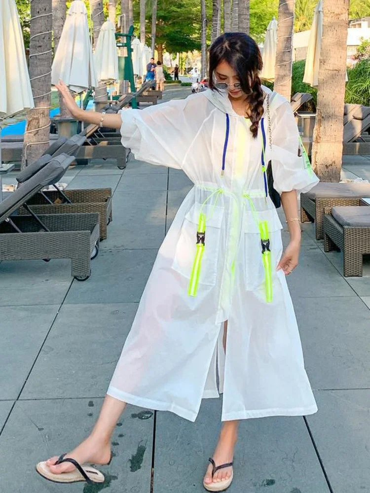 

Hooded Thin Trench Coat For Women Long Sleeve Zipper Split Solid Color Pocket Female Fashion Clothing 2022 Summer B307
