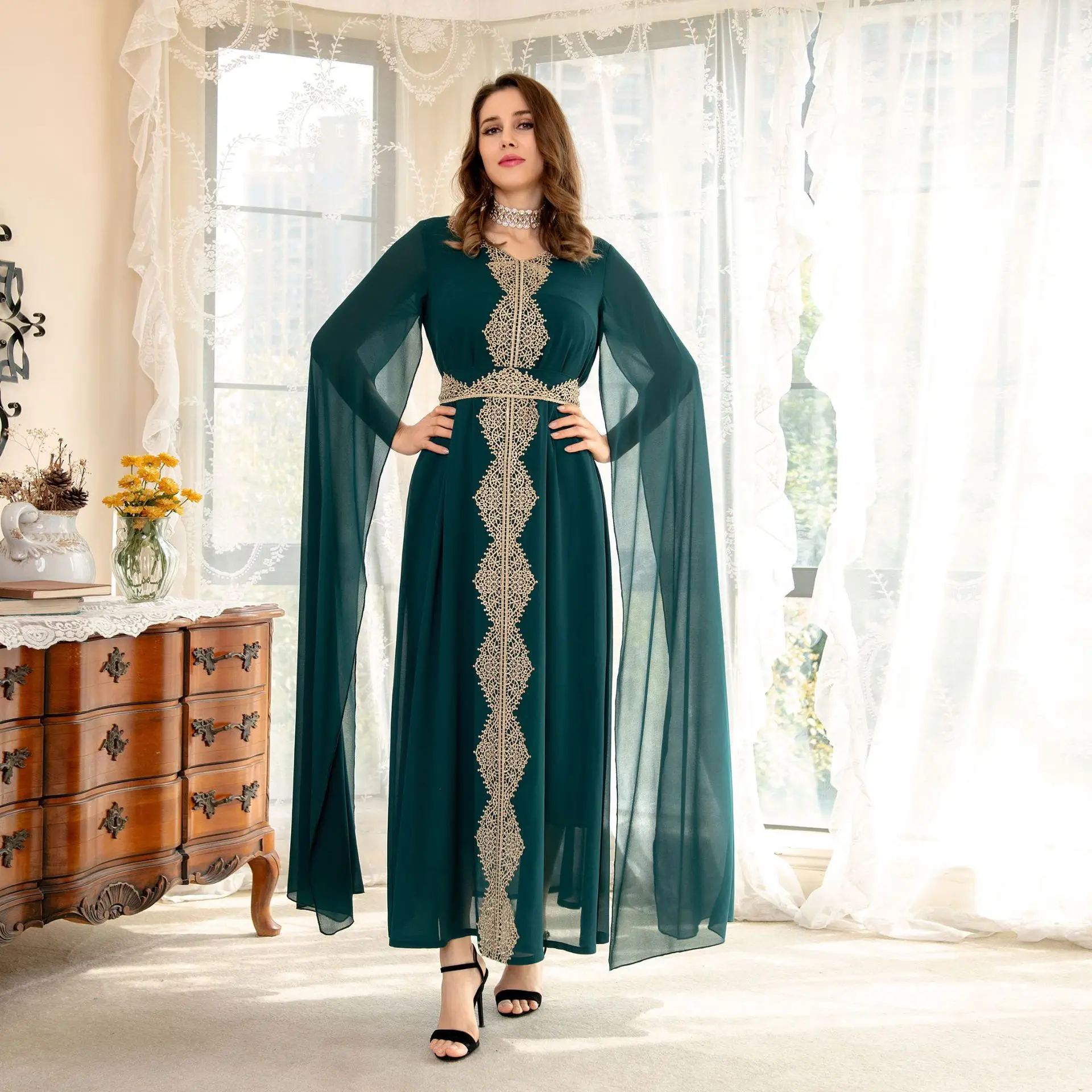 2022 Women Dress New Fashion Floral Extra-Long Split Sleeve Tie Back Dubai Arabian Middle Eastern Women's  Abaya Morocco Kaftan