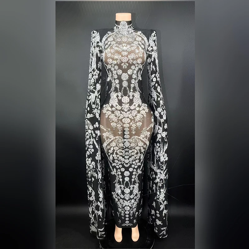 

Платье с длинным рукавом, украшенное стразами, вечернее платье для вечеринки в честь Дня Рождения, для ночного клуба, бара, выступления, костюмы Drag Queen DN15029