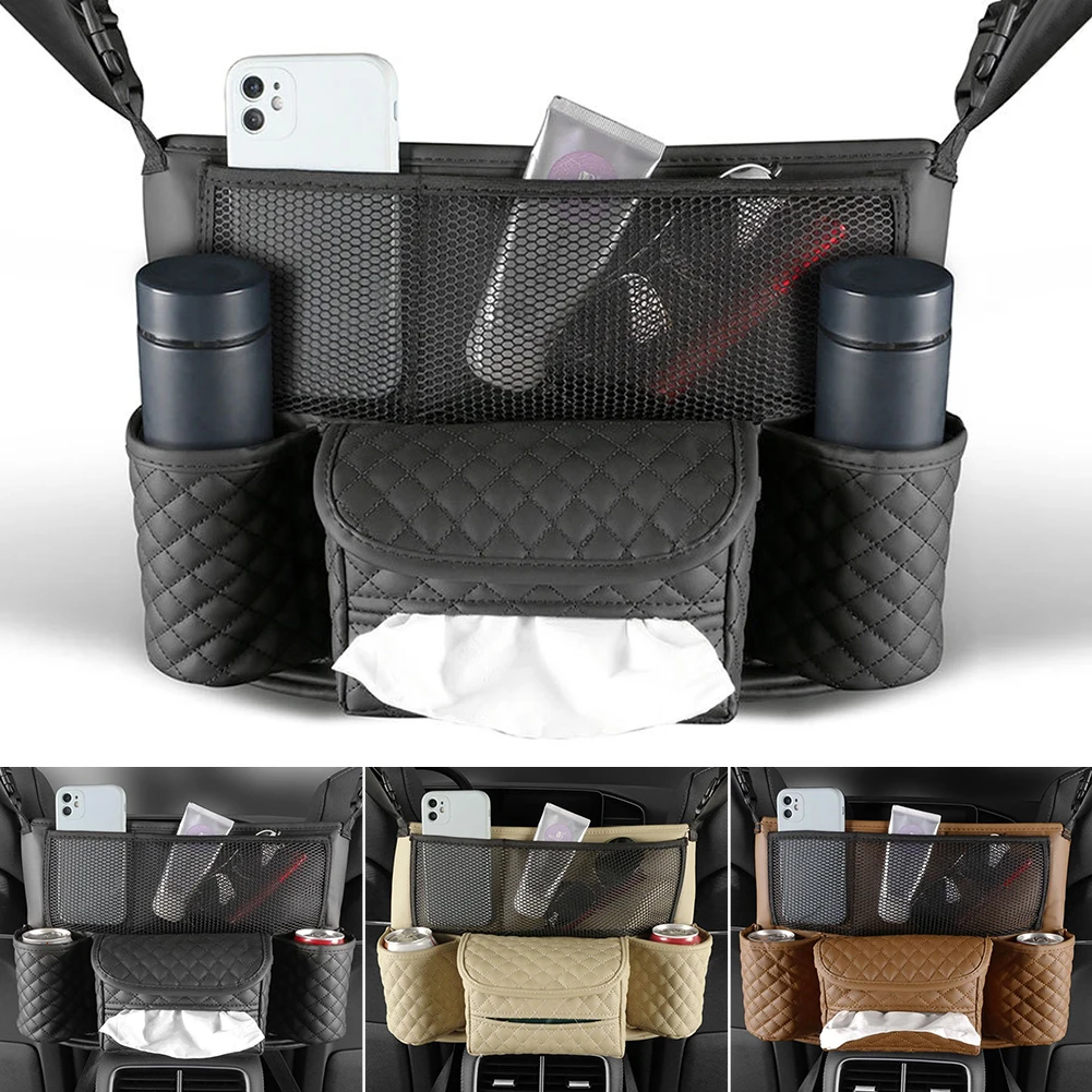 

Car Seat Storage Bag PU Leather Auto Seat Middle Hanging Box Pocket For Stowing Car Organizer Holder For Handbag Tissue Drink