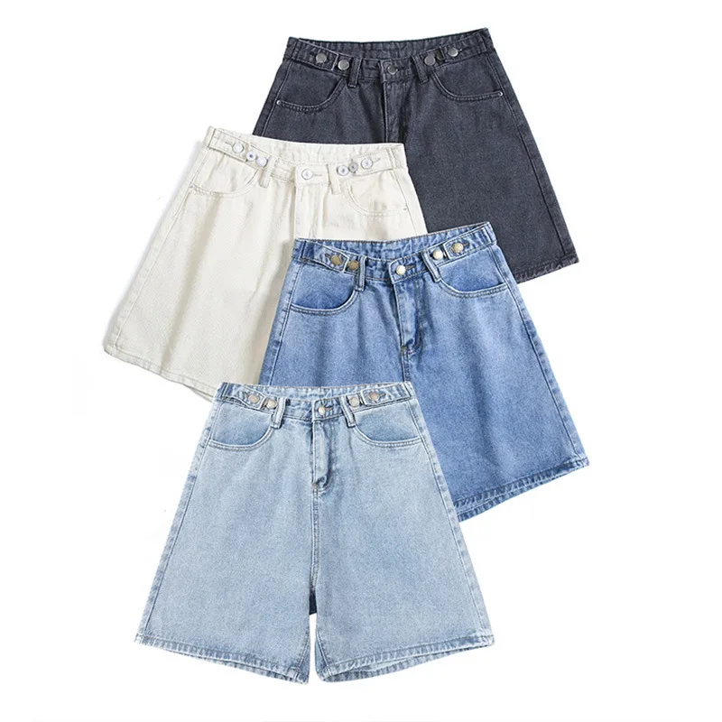 2023 New Summer Women's High Waist Button Wig Leg Denim Shorts Casual Women Loose Version of Large Size Wide Leg Blue Denim