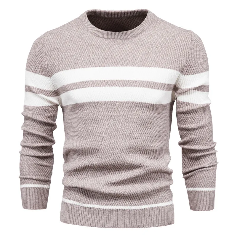Autumn and Winter New Mens Casual Stripe Sweater Pullover Color Matching Soft and Breathable Sweater Men Long Sleeve Sports Knit