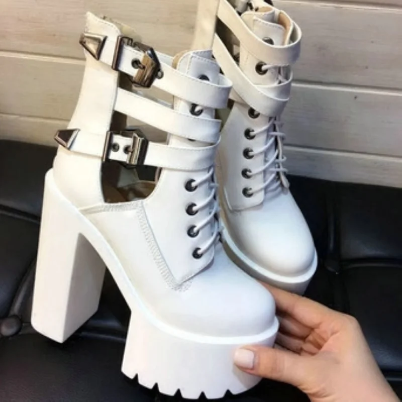 

Women Boots thick-bottomed Short Boots White Super High With Punk Performance high-heeled Short Shoes black 14CM