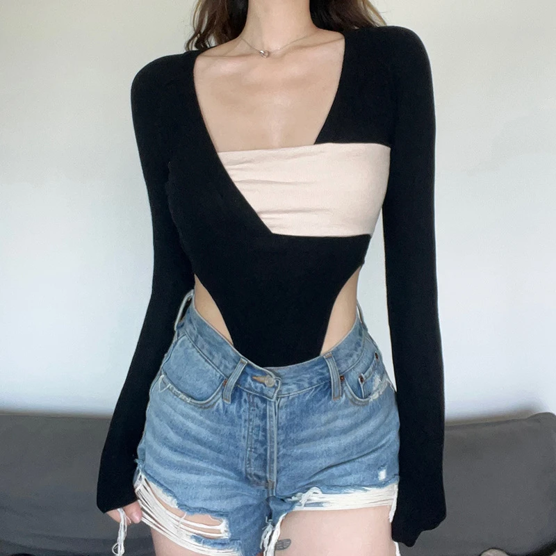 

Women Overall Slim Sexy Contrast Color Long Sleeve V-neck Midriff Costume Women T-shirt Bodysuits Girl Shorts Jumpsuit Rompers