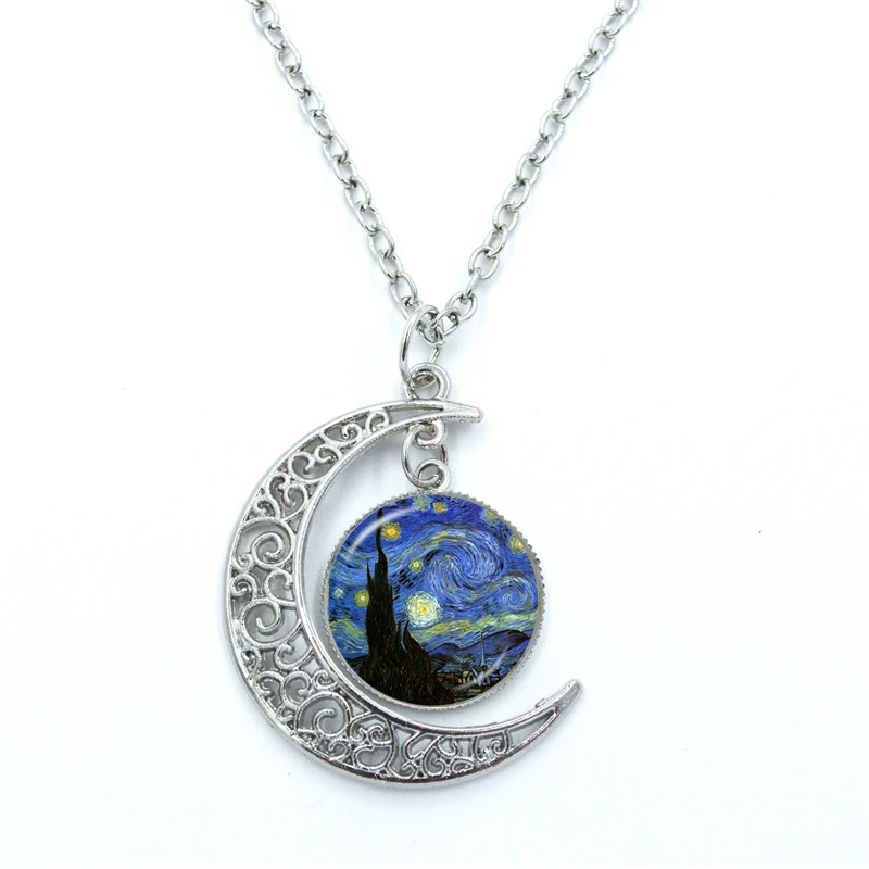 

Van Gogh Starry Night Necklace Glass Cabochon Crescent Moon Chain Necklace Jewelry Valentines Gift For Women