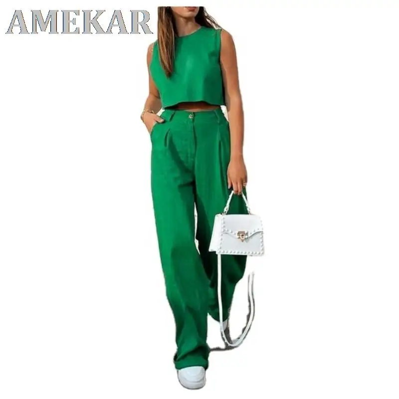 

Women's Two-piece Cotton Linen Suits Summer New Solid O Neck Vest Tops Flared Pants Set Ladies Simple Chic Fashion Trousers Set