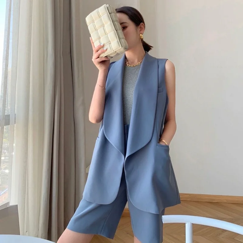 

Women's Loose Sleeveless Jacket Temperament Solid Color Vest Short Suit Blazer Two Piece Set Summer High Stretch Shorts