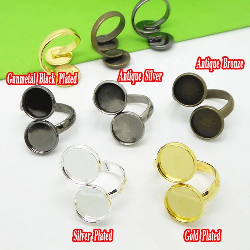 

6pcs 5 Colors Round 12mm Cabochon Ring Base Settings Vintage Jewelry Findings & Components Adjustable Double Ring Blanks