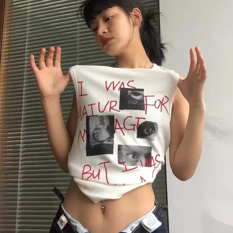 Karrram винтажные гранж ребристые майки корейские модные графические трикотажные