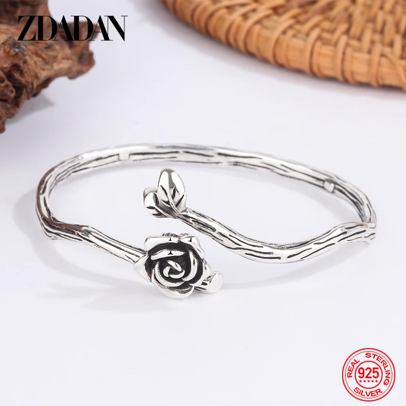 

ZDADAN 925 Sterling Silver Black Flower Adjustable Bracelet&Bangle For Women Fashion Jewelery