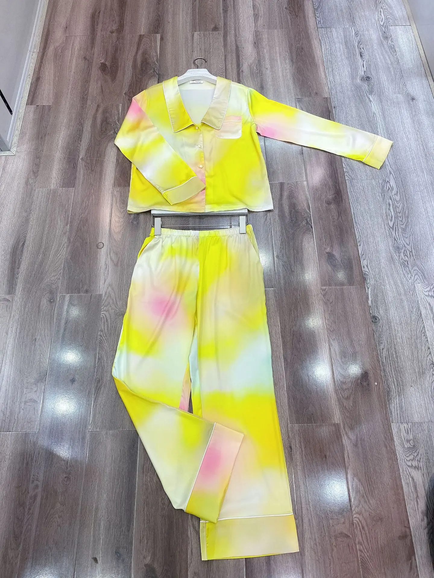 Women's Satin Pajama Set Tie-dye Print Spring Autumn Ladies Sleepwear Long Sleeve Silk Like Turn Down Collar Pijama For Female