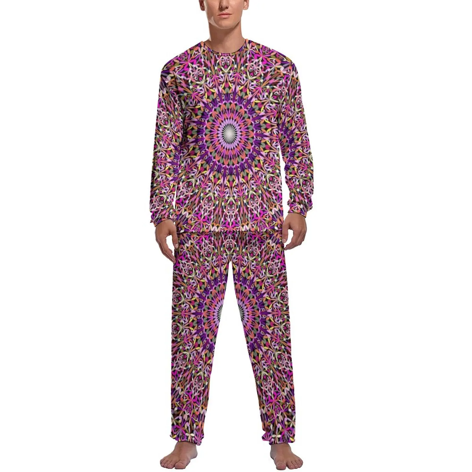 Colorful Mandala Pajamas Autumn Abstract Floral Print Home Nightwear Male 2 Pieces Graphic Long-Sleeve Cute Pajamas Set
