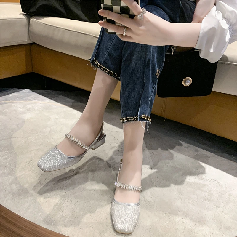 2022 Summer Luxury Sparkling Rhinestone Square Toe Sandals women Mid Heel Square Toe  Mules Ladies Mary Jane Shoes Black Silver
