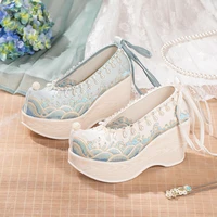 women cheongsam hanfu high heeled embroidered shoes chinese style ancient fairy cosplay ankle boots pearl lace up cloth shoes