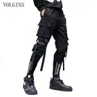 Брюки-султанки мужские с лентами и карманами, уличная одежда, повседневные тренировочные штаны, Джоггеры в стиле хип-хоп, приталенные, черные