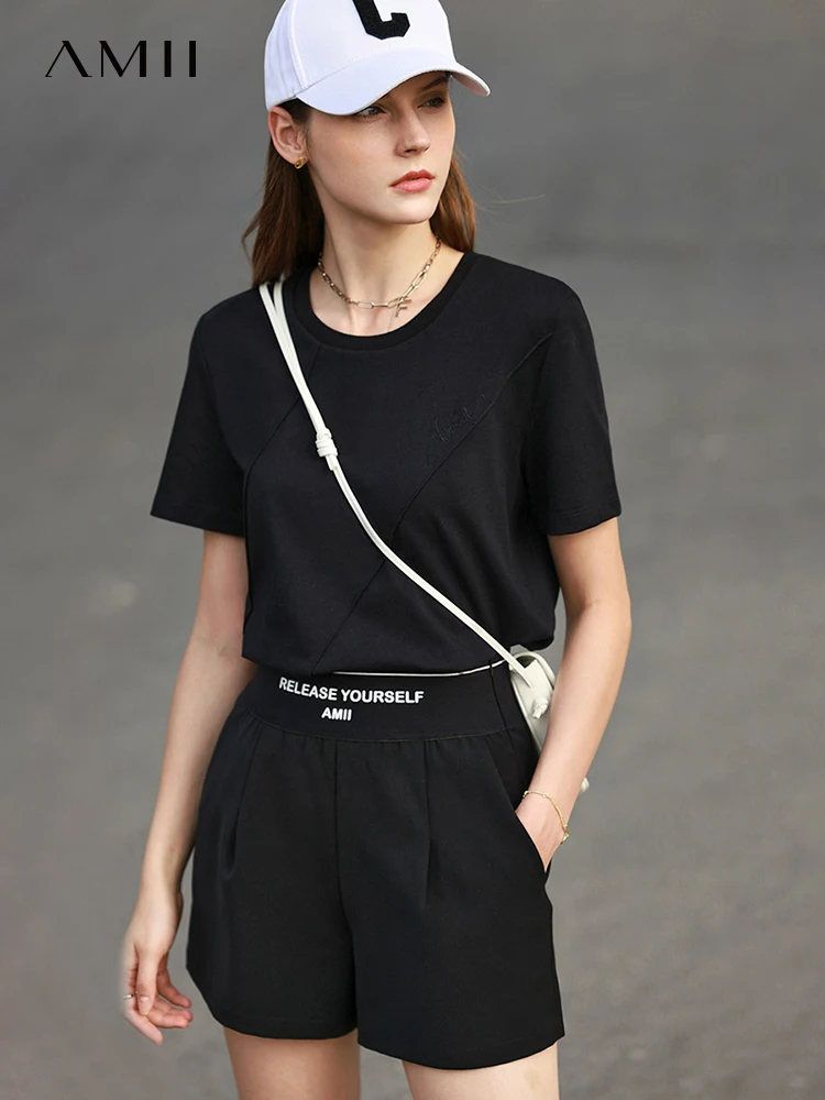 

Amii Minimalism T-shirts for Women 2022 Summer Casual O-neck 100% Cotton Tops Fashion Letter Embroidery Solid T-shirt 12240127