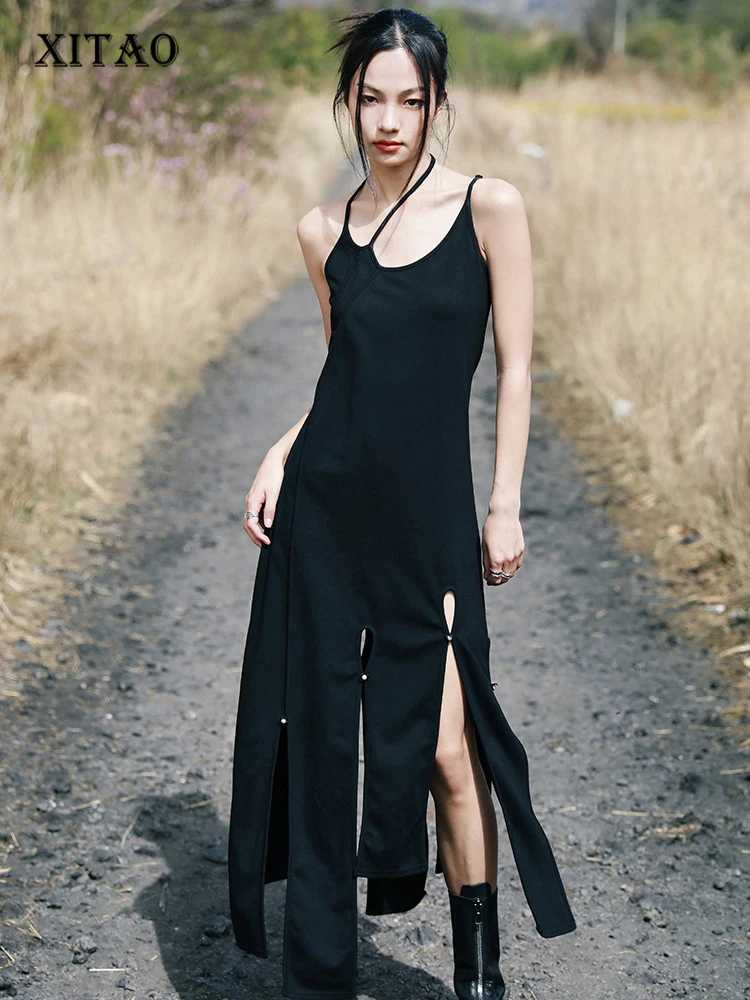 XITAO Fashion Camisole Dress Solid Black Irregular Sexy Halterneck Collar Asymmetrical Patchwork Tassel Hem New Women WMD6357
