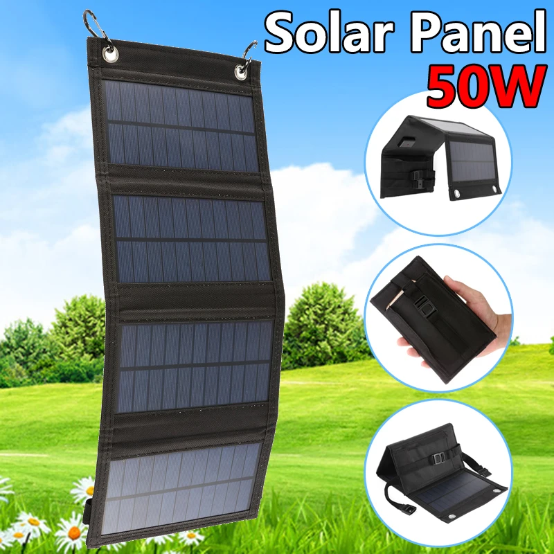 50W Portable Solar Panel Folding Bag Waterproof Solar Cell USB Charger Power Supply for Outdoor Traveling Camping Mobile Phone