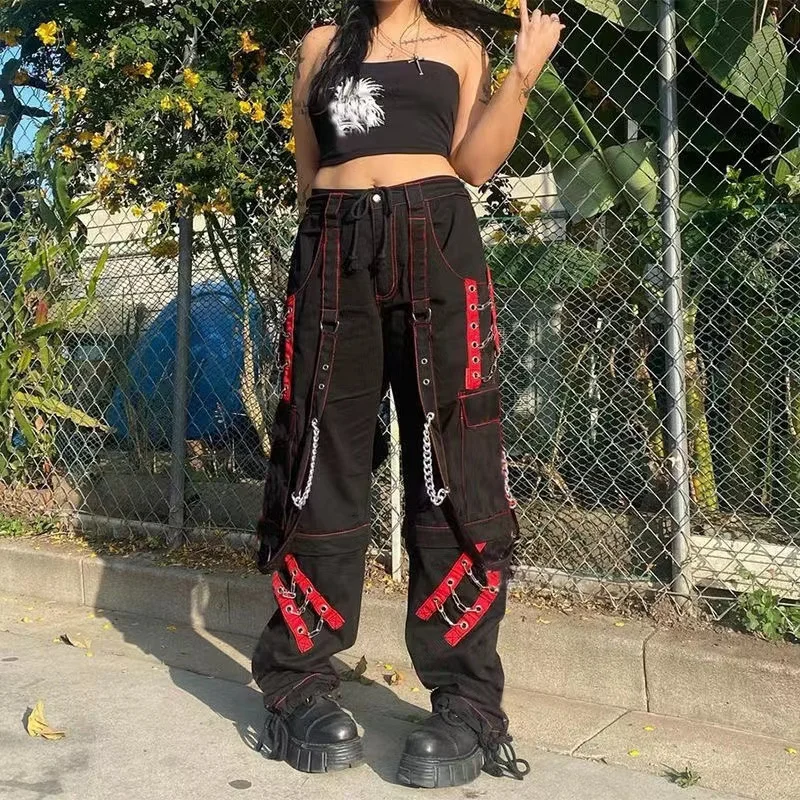 

Hot Girl Gothic Clothes Bandage Chain Baggy Pants Woen Hip Hop Vintage Trousers Punk Style Egirl Casual Streetwear Cloths 90s