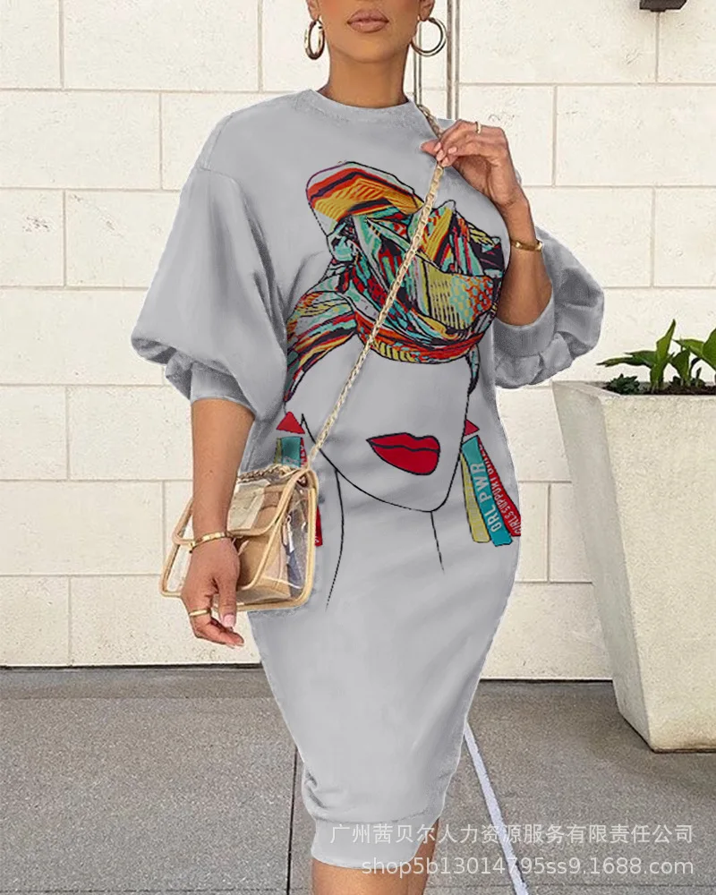 

Autumn Women Sweatshirt Printing Dress Loose Streetwear Long Sleeve Round Neck Elegant Vestidos Casual Dresses Office Lady
