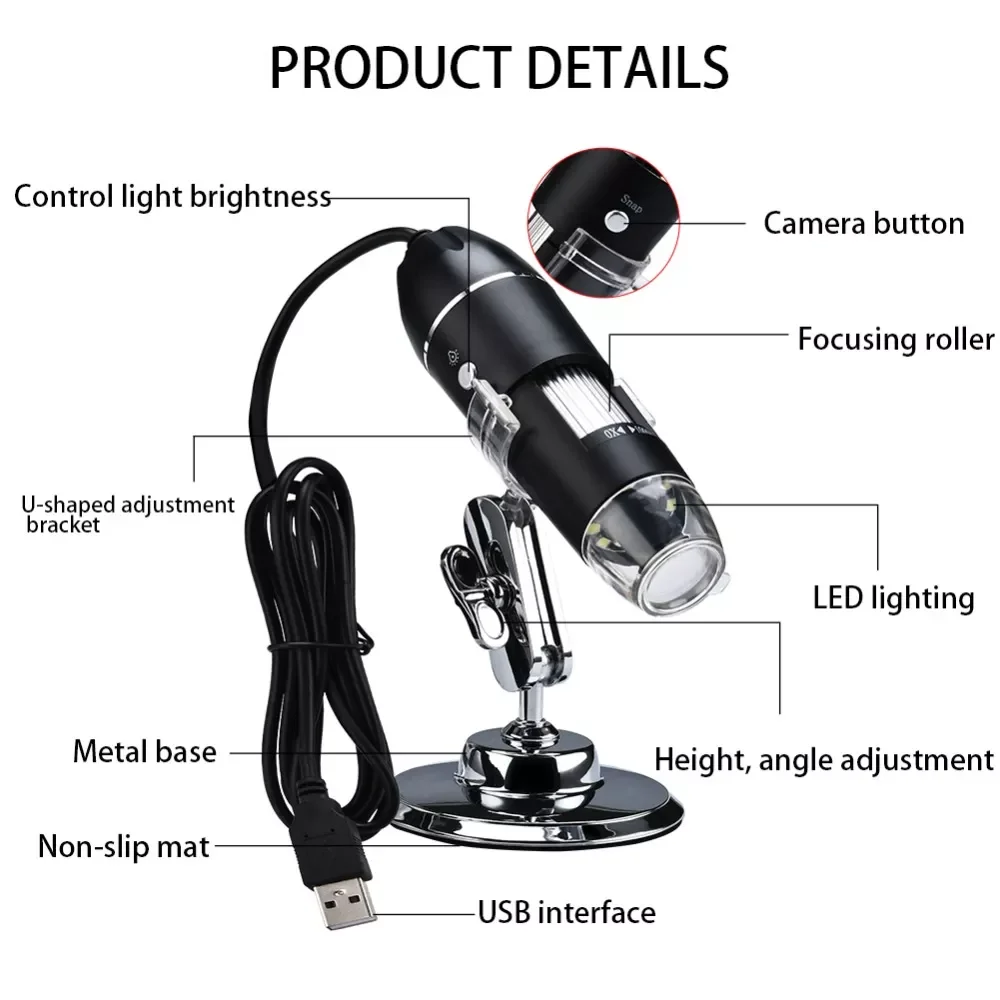 

USB Digital Microscope Electronic Microscope 2MP 1080P Camera Endoscope 8 LED Magnifier Adjustable with Metal Stand For PC