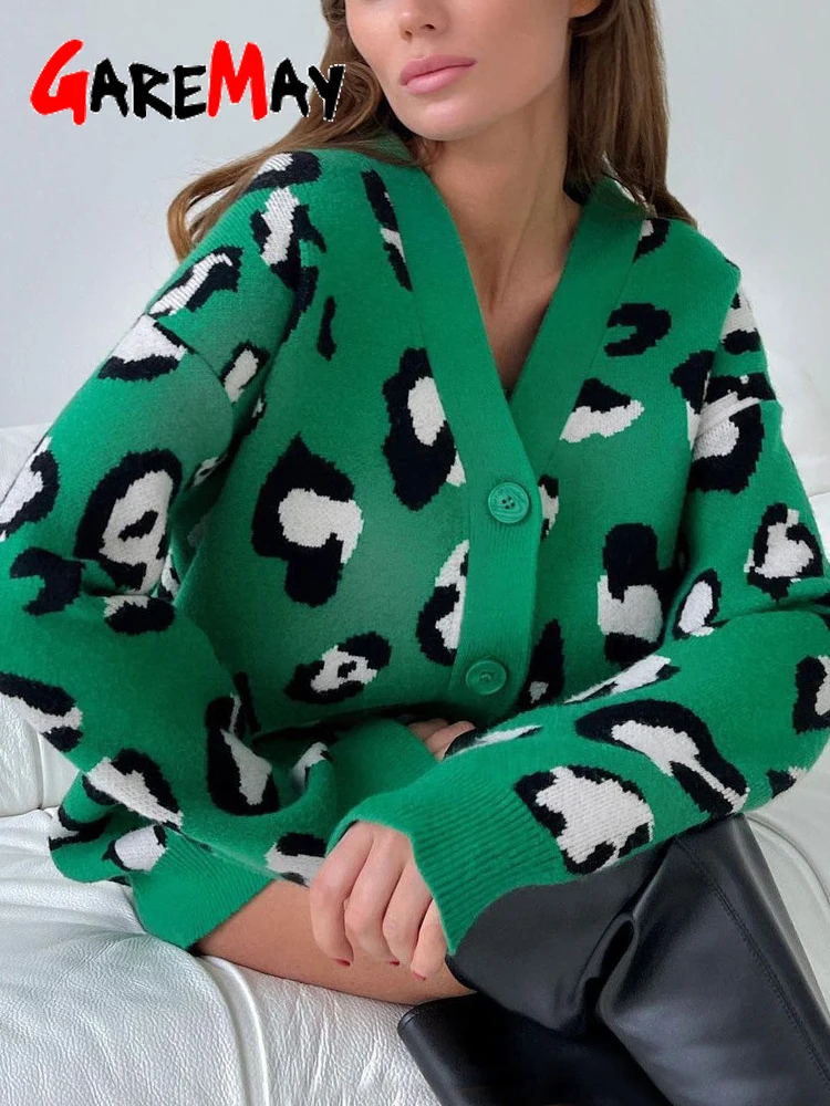 Зимний бежевый кардиган с леопардовым принтом Женская куртка пуговицами