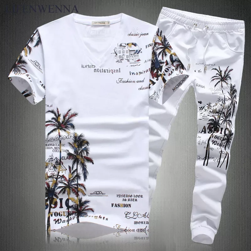 

New Fashion Autumn Long Sets Men Casual Coconut Island Printing Suits For Men Chinese Style Suit Sets T Shirt + Trousers M-5XL