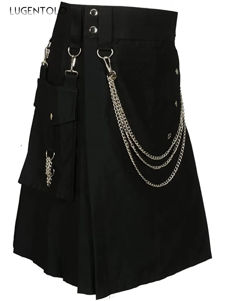 

Men Holiday Scotland Skirt Chain Pleated Black Festival Dance Linen Men's Casual Large Size Spring Autumn Dannsa Skirts
