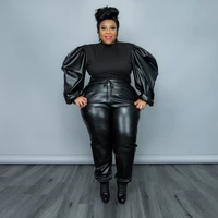 2022 autumn plus size women sets long sleeve leather shirts and pants fashion two piece sets sexy female outfit wholesale