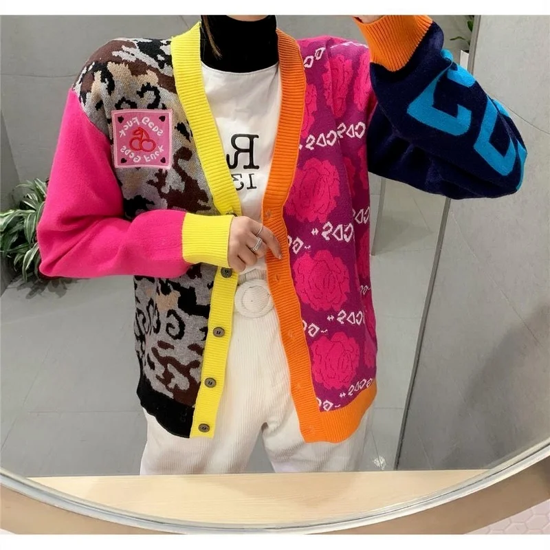 

Осень-зима 2021, новинка, тонкий вязаный кардиган с V-образным вырезом, модный контрастный свитер с леопардовым принтом и прострочкой