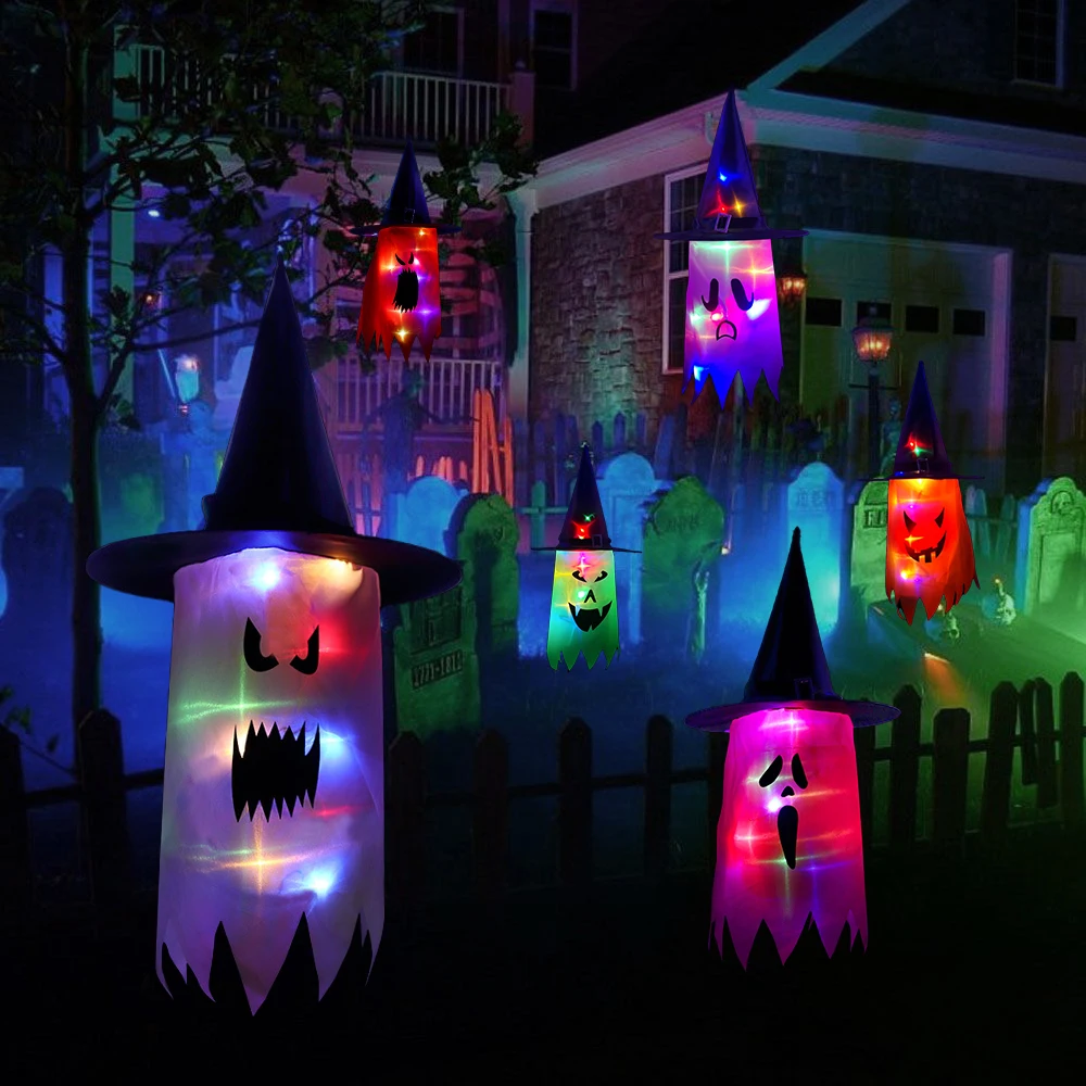 

Halloween Decoration LED Flashing Ghost Hat Halloween Party Dress Up Glowing Wizard Hanging Lantern Horror Props Home Bar Decor