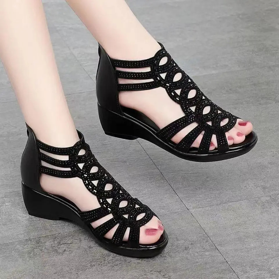 Summer Real Soft Pu Leather Roman Sandals Women's Chunky Heel5cm Mom Shoes Fashion Outerwear Female Sandalia Wedge Women's Shoes