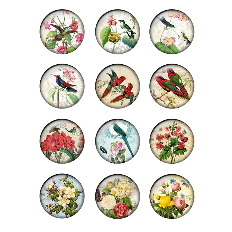 

12pcs/lot Beauty Vintage Flowers Rose Birds Pattern Glass Cabochons 10mm To 25mm Glass Dome DIY Jewelry Making Findings T145