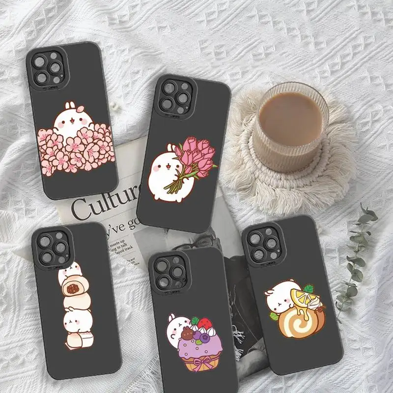 

Molang cute cartoon Phone Case For iPhone 13 12 11 Pro MAX Mini X XS XR 7 8 Plus Camera Lens Liquid Silicone