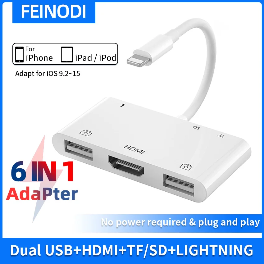 

Lightning to HDMI Adapter for iPhone to TV Dual USB OTG Camera RJ45 Adapter TF/SD Card Reader for iPhone14/13/iPad with Charging