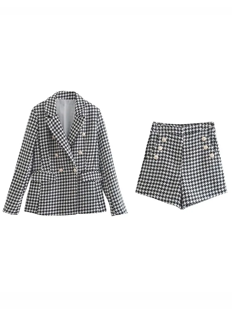 

Women 2022 Autumn New Fashion Houndstooth Double Breasted Blazer Coat Vintage Long Sleeve Pockets Female Outerwear Chic